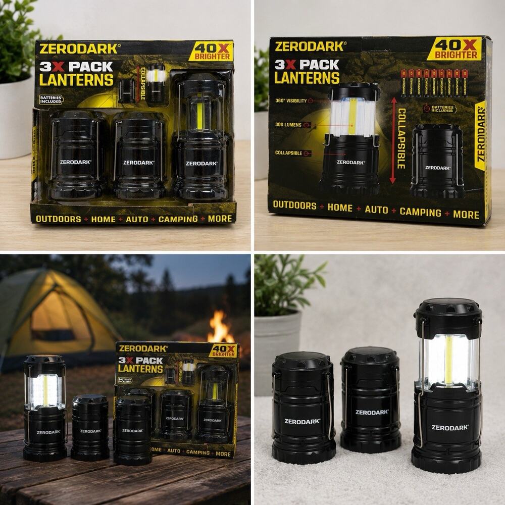 ZeroDark 3 Pack LED Collapsible Camping Lanterns 40X Brighter Batteries NIB